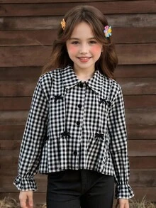 女童休闲时尚蝴蝶结装饰黑白格子面料百搭长袖衬衫，甜美春秋装 - 黑與白 - 查看 2