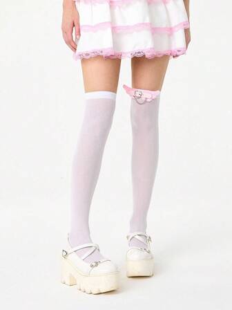 Anime 1 Paar süße rosa flauschige Überknie-Socken, Lolita Herz-Schloss-Ketten-Element Gürtel Dekor Oberschenkel-Hohe Socken, dünne elastische transparente Strumpfhosen für den täglichen Gebrauch