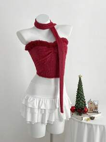 Elamini 1pc Women's Red Scarf Collar Fuzzy Patchwork Tube Top, Stylish Design For Party, Christmas, Valentine's Day