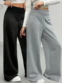 Sparklyn 2pcs Set Teenager (Girls) Casual Sweatpants, Fashionable Minimalist Drawstring Loose Wide Leg Sweatpants, Suitable To Match Sweatshirt, T-Shirt, Shirt, Jacket Fall Winter - Multicolor - View 1