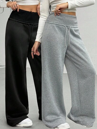 Sparklyn 2pcs Set Teenager (Girls) Casual Sweatpants, Fashionable Minimalist Drawstring Loose Wide Leg Sweatpants, Suitable To Match Sweatshirt, T-Shirt, Shirt, Jacket Fall Winter