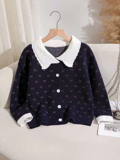 Genkimix Kids 女童优雅花卉提花长袖开衫，荷叶边领口和下摆细节，秋冬针织外套