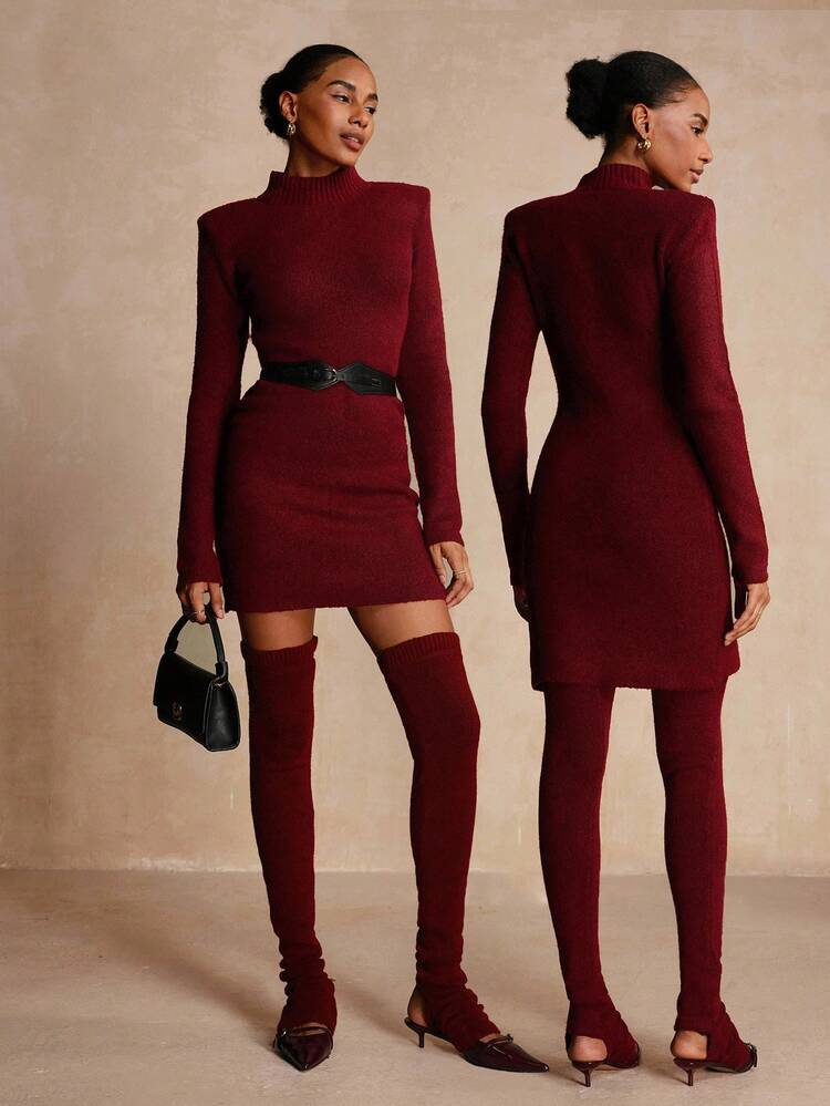 Vesra 2pcs Women Solid Color Sweater Dress And Belt Set, Autumn - Burgundy - View 6