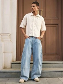 Manfinity VCAY Men's Solid Color Embroidered Printed Button-Down Short Sleeve Shirt - Apricot - View 2