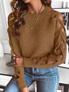 EMERY ROSE Women's Sexy Criss-Cross Hollow Out Sleeve Round Neck Sweater, Autumn/Winter - Camel - View 5