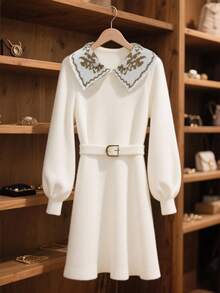 GlowEve 女式优雅花卉印花领长袖针织连衣裙，秋冬 - 白色 - 查看 1