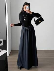 Aidyla تنورة وسطية فضفاضة منسوجة للنساء، تنورة طويلة رمادية عالية الجودة متعددة الاستخدامات، مخصرة، خريف/شتاء