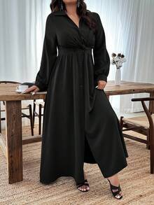 EMERY ROSE Plus Size Women Solid Color Casual Minimalist Long Sleeve Waist Cinched Dress Fall - Black - View 5