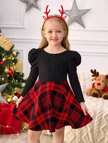 SHEIN Young Girl Vintage & Cute & Fashion & Elegant Contrast Plaid Print Patchwork Dress, Long Sleeves, Cake Dress , Casual Simple Elegant,Wedding Season,Ladylike Gentleman ,Autumn And Winter,For Christmas,Party Wear,Daily Wear,Birthday Dress,Princess Dress,Mom And Daughter And Sisters Matching