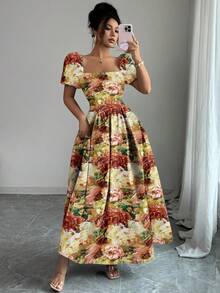 Elenzga Vestido feminino elegante com manga bufante bordada, tamanho padrão, verão