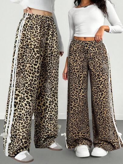 SHEIN Explorewe Youth Casual All-Match Versatile Streetwear Leopard Print White Trim Bow 3D Wide Leg Loose Pants,Holiday,Summer,Travel