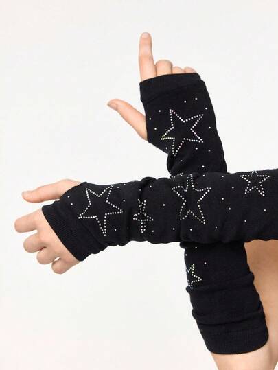 Grunge Punk 1 Pair Black Rhinestone Arm Sleeves, Y2K Star Pattern Gloves, Suitable For Daily Party And Fashion Outfits