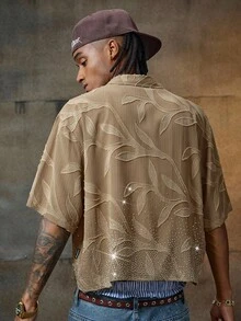 AXEPEAK Áo thun polo dáng rộng đính đá pha lê cho nam - màu nâu - Xem 2