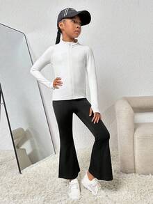 SHEIN Tween Girl Zip Up Thumb Holes Sports Jacket - White - View 4