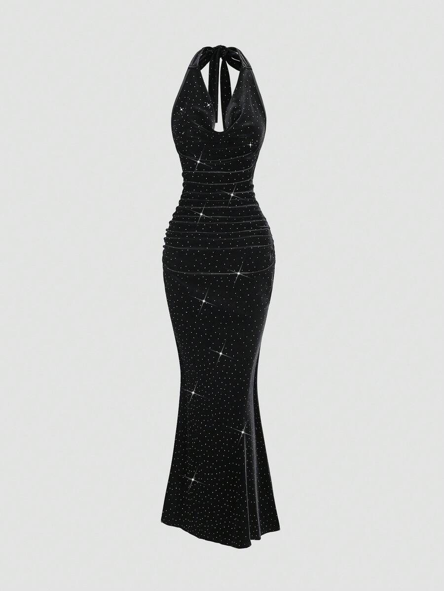 Sweetra Elegant Ruched Waist Mermaid Hem Sequin Halter Dress, Sophisticated Party Gown, Autumn/Winter