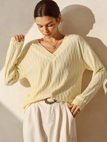 SHEIN Unity Lymera Women's Yellow Legant Yellow Soft Knitted Jacquard Argyle Polka Dot T-Shirt Tops, New Arrival For Summer Autumn/Fall Winter For Party Going Out New Year Christmas Thanksgiving Work Office Commuting Occasion - Yellow - View 7