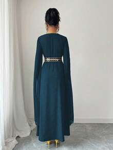 Rafferiza Gold Woven Belt Luxury Sequin Beaded Formal Dress Long Sleeve Split Dress - Iron Gray - View 2