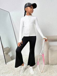 SHEIN Tween Girl Zip Up Thumb Holes Sports Jacket - White - View 6