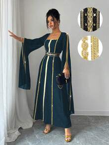 Rafferiza Gold Woven Belt Luxury Sequin Beaded Formal Dress Long Sleeve Split Dress - Iron Gray - View 5