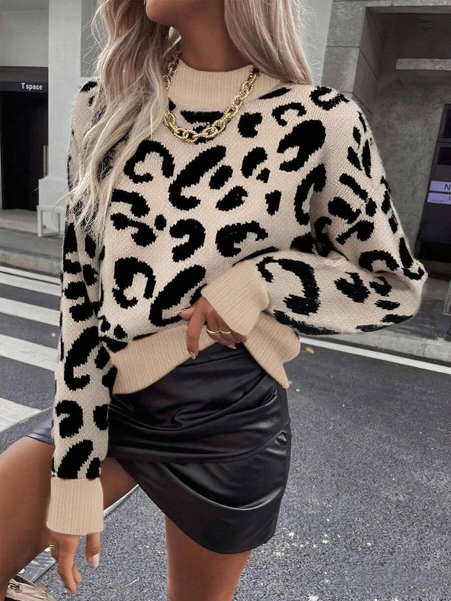EMERY ROSE Sweater Pullover Lengan Panjang Kasual Leher Bulat Motif Leopard untuk Wanita - MultiWarna - View 1