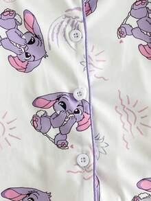 2件套少女可爱卡通垂耳蓝兔印花长袖上衣和裤子舒适休闲睡衣套装 - 淡紫色 - 查看 4