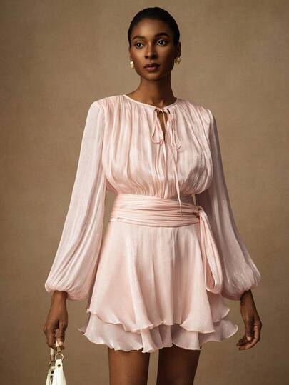 Vesra Minivestido elegante feminino, cor damasco, com amarração, manga comprida, babados na bainha