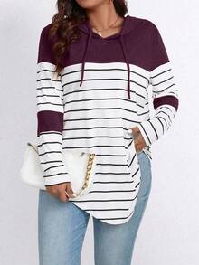 EMERY ROSE Plus Size Color Block Striped Hooded Casual T-Shirt Graphic Tees Women Tops - Red Violet - View 5
