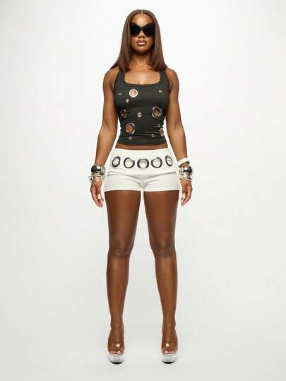 SUMWON WOMEN Minishorts med metallöglor Hög midja Festival Klubb Fest Sommar Hotpants Statement Streetwear