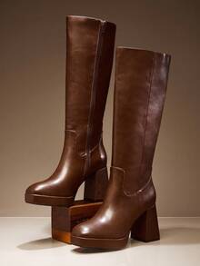 SHUZIA Women Everyday Casual Comfortable Round Toe Chunky Heel Knee-High Boots - Brown - View 7