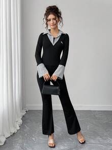 SHEIN 2 件套青少年女孩 V 领喇叭袖短款上衣 + 修身喇叭裤，黑白经典马匹装饰，长袖 T 恤上衣 + 裤子套装 - 黑色 - 查看 16