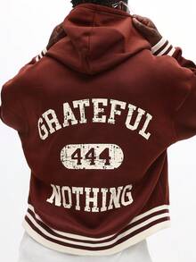 Áo hoodie có khóa kéo phong cách đại học cổ điển với họa tiết sọc thiết kế chữ cái cổ điển cỡ lớn thường ngày mùa đông - màu nâu - Xem 1