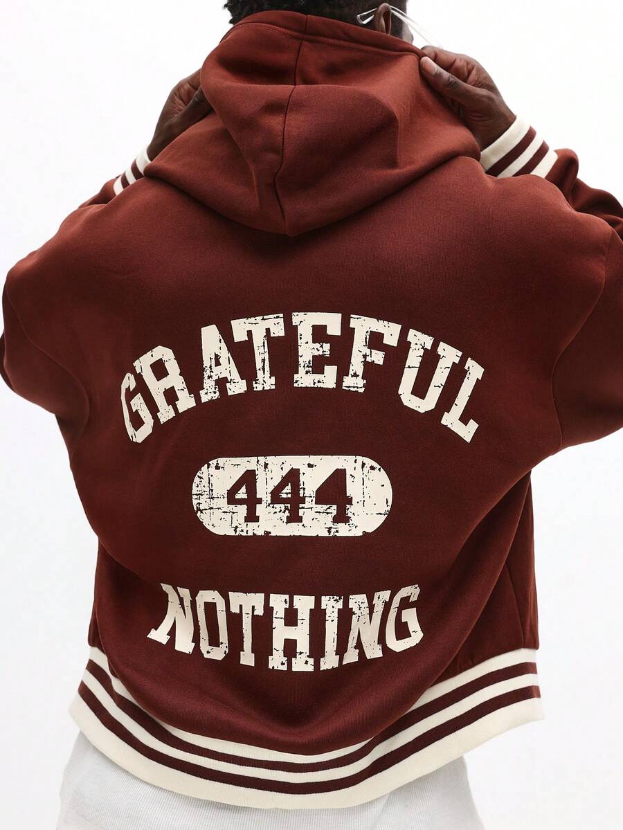 Áo hoodie có khóa kéo phong cách đại học cổ điển với họa tiết sọc thiết kế chữ cái cổ điển cỡ lớn thường ngày mùa đông - màu nâu - Xem 1