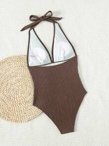 SHEIN Swim 2026 Spring/Summer Special Fabric Brown Halter Backless Pleated Deep V-Neck Fitted Elegant One-Piece Bikini Swimsuit For Women - Brown - View 6