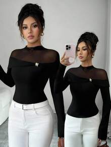 Elenzga 女式金属装饰立领长袖修身腰优雅精致 T 恤 - 黑色 - 查看 1