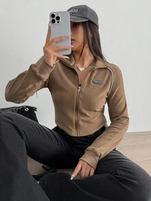 Aidyla Blusa feminina com zíper e listras coloridas contrastantes, gola de metal, outono/inverno