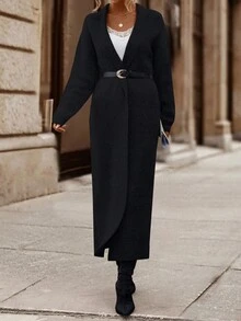 EMERY ROSE Women's Solid Color Long Sleeve Casual Loose Knit Cardigan, Autumn/Winter - Black - View 5