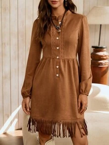 LanaWest Women's Western Party Fitted Fringe Hem Dress - Brown - View 4