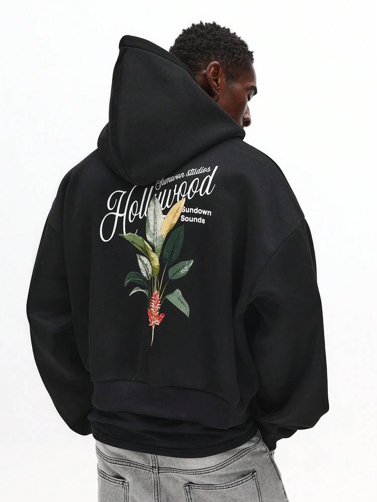 Botanical Print Hoodie With Drawstring Hood And Centre Pocket