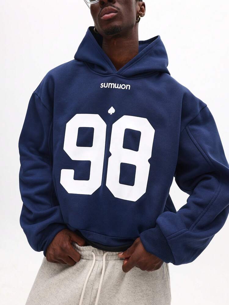 Drop Shoulder Pullover Hoodie With Number Print