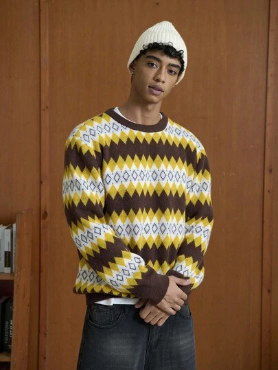 TOKVUE 男式拼色菱形图案圆领长袖毛衣