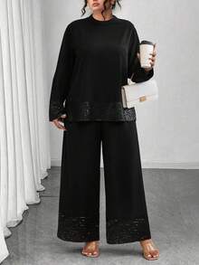 Elenzga Plus Size Elegant Beaded Black 2 Pieces Set Fall - Black - View 3