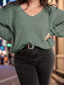 Calvaya 大码女式纯色 V 领镂空长袖休闲通勤百搭套头毛衣，秋冬 - 橄欖綠 - 查看 3