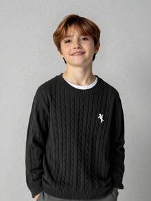 SHEIN Tween Boy Jacquard Embroidered Pattern Sweatshirt,Vintage Black And White,Autumn School Back-To-School,Fall Winter Solid Color Boy's Sweatshirt - Black - View 6