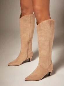 SHUZIA 百搭女士时尚灰褐色绒面革日常百搭尖头小猫跟保暖舒适及膝靴秋冬度假鞋 - 卡其色 - 查看 2