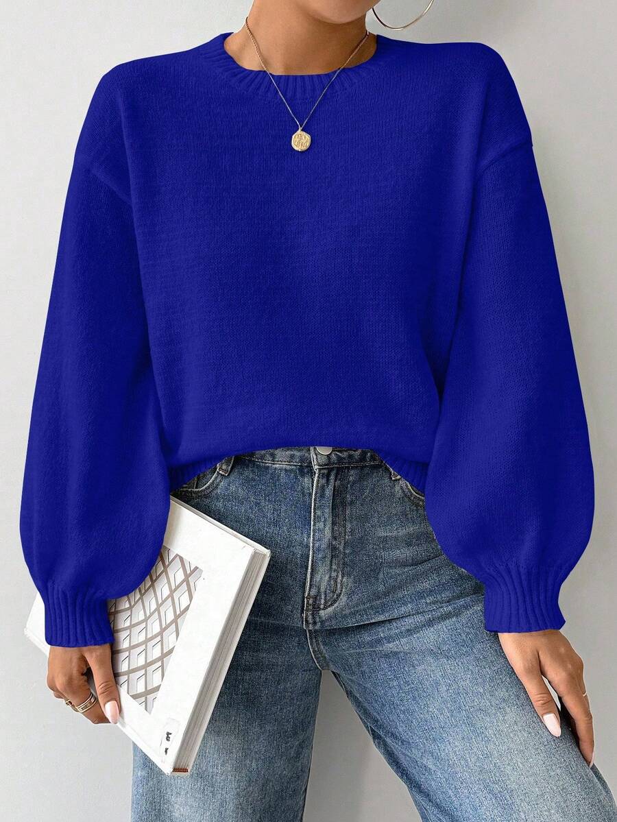EMERY ROSE Loose Round-Neck Lantern Sleeveharmony Drop Shoulderknitted Sweater Office Royal Blue Autumn Elegant - Dark Blue - View 1