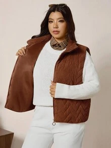 Zelara Áo khoác không tay dáng suông tối giản, màu trơn, cỡ lớn, thích hợp mặc đi làm mùa thu/đông, phù hợp mặc hàng ngày, thanh lịch cho kỳ nghỉ, phong cách công sở sang trọng, áo khoác nhung kẻ sọc họa tiết sóng, ấm áp không tay có khóa kéo, áo khoác ngoài cho kỳ nghỉ. - trái cam - Xem 8