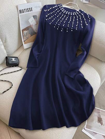 GlowEve CURVE 大码女式优雅仿珍珠装饰圆领毛衣裙