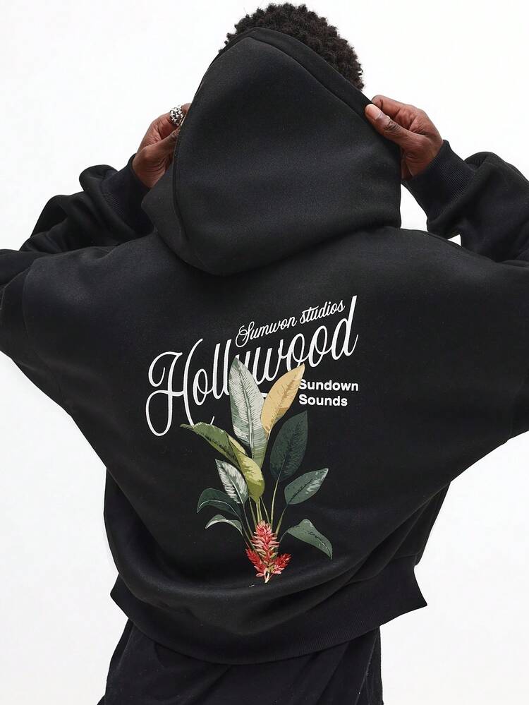 Botanical Print Hoodie With Drawstring Hood And Centre Pocket