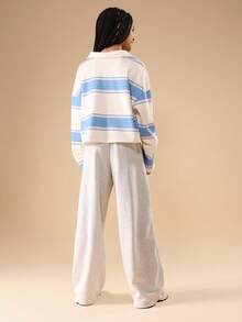 SUMWON Striped Polo Wear Coordinated Set With Drawstring Wide Leg Sweatpants Modern Casual Two Piece Outfit For Spring Summer - Blue - View 2