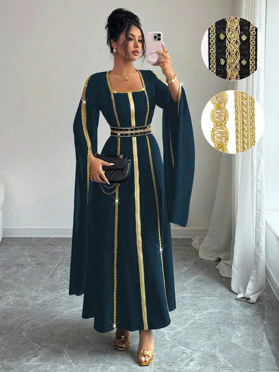 Rafferiza Gold Woven Belt Luxury Sequin Beaded Formal Dress Long Sleeve Split Dress - Iron Gray - View 1